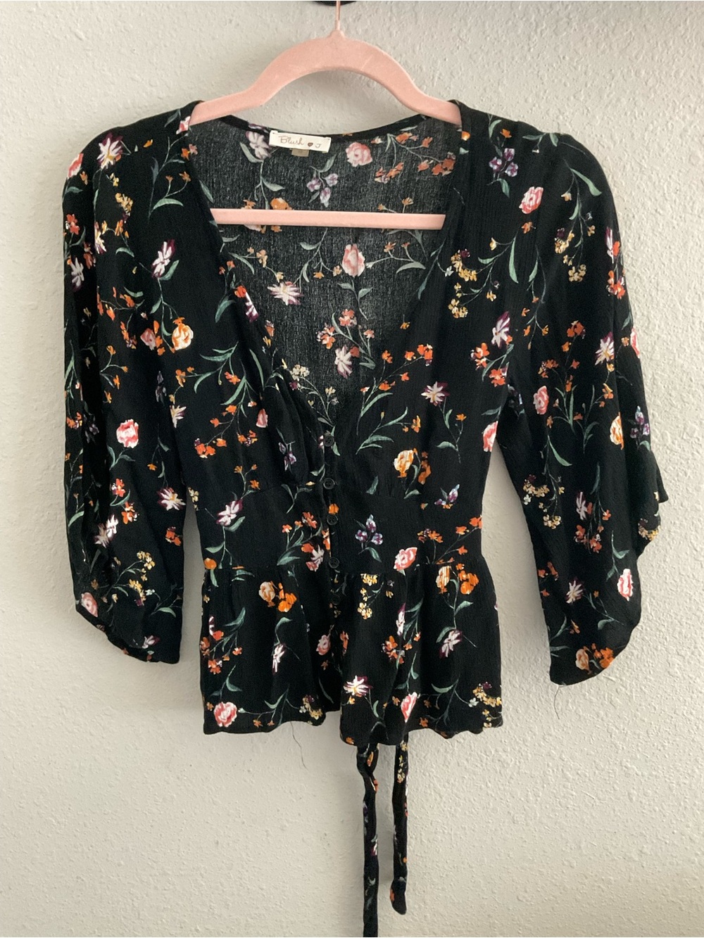 Black Floral Peplum Back Tie-Waist Blouse